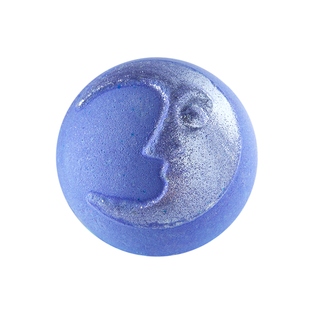 Brother Moon. A perfectly round, enchanted purple colour bath bomb with an embossed crescent moon on the top, coated in shimmer silver lustre.